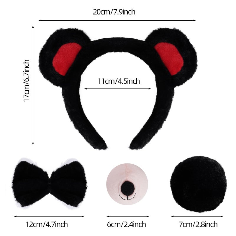 Jmkcoz 4 Pieces Bear Costume Set Bear Ears Headband and Tail Nose Bowtie for Halloween Carnival Animal Cosplay Party (Black) - Image 2
